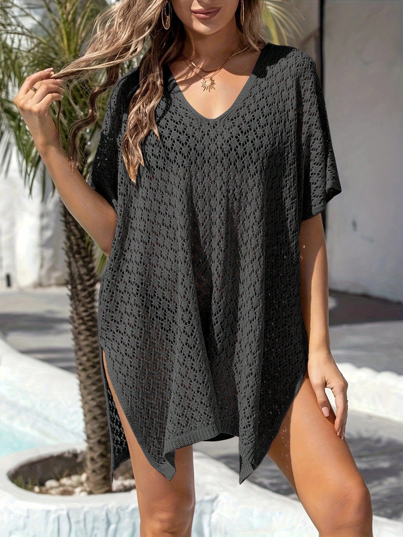 Plus Size Women's Hollow-Out Casual Sexy Semi-Sheer Beach Bikini Cover-Up Vacation Summer