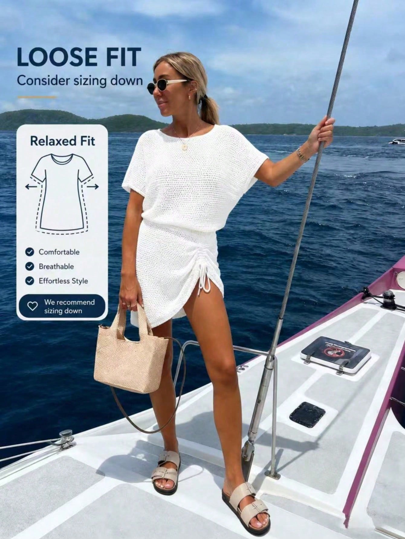 Plus Size Women's Knit Cover Up Dress, Loose Casual Short Sleeve Crew Neck Knit Cover Up, 2026 Spring/Summer New Arrival White Vacation Beach