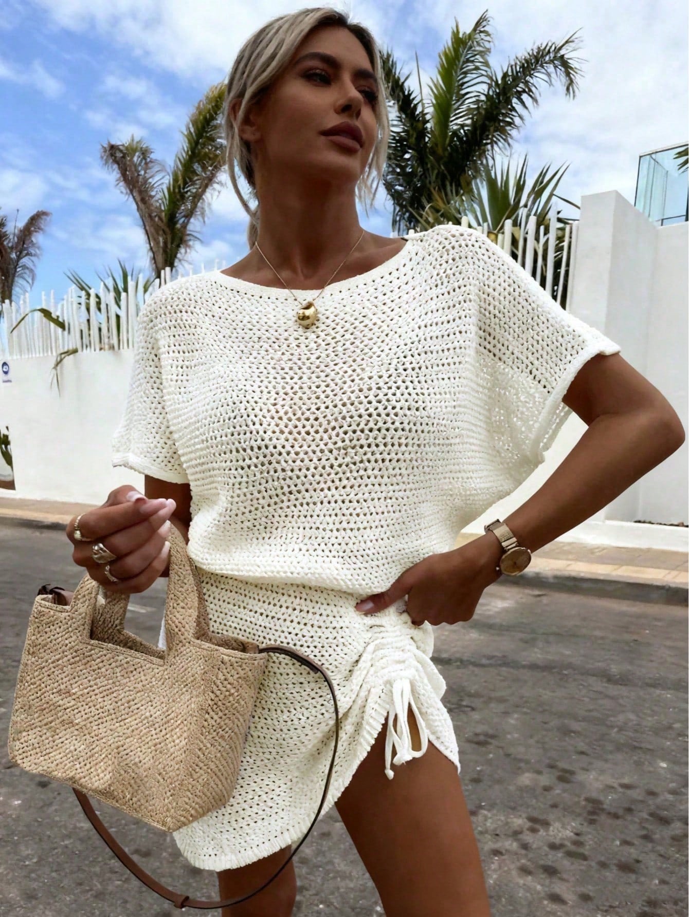 Plus Size Women's Knit Cover Up Dress, Loose Casual Short Sleeve Crew Neck Knit Cover Up, 2026 Spring/Summer New Arrival White Vacation Beach