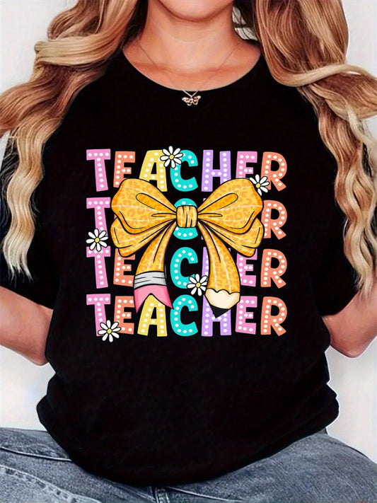 Plus Size Women's Retro Minimalist Teacher Graphic TShirt Educational Bow Pencil Print, Knit Comfort Fit Short Sleeve Round Neck Casual Top For Educators, Events Teacher Appreciation Gifts, Event Appa