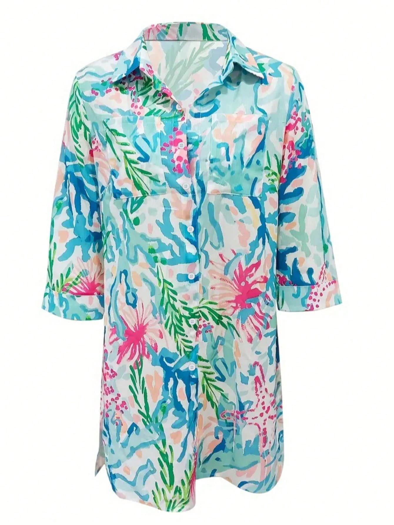 Plus Size Women's Tropical Print Beach Cover-Up Vacation Summer