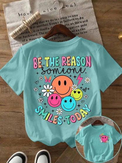 Plus Size Women Slogan & Smiling Face Print Short Sleeve Casual Round Neck T-Shirt, Summer