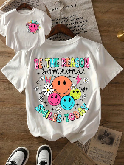 Plus Size Women Slogan & Smiling Face Print Short Sleeve Casual Round Neck T-Shirt, Summer