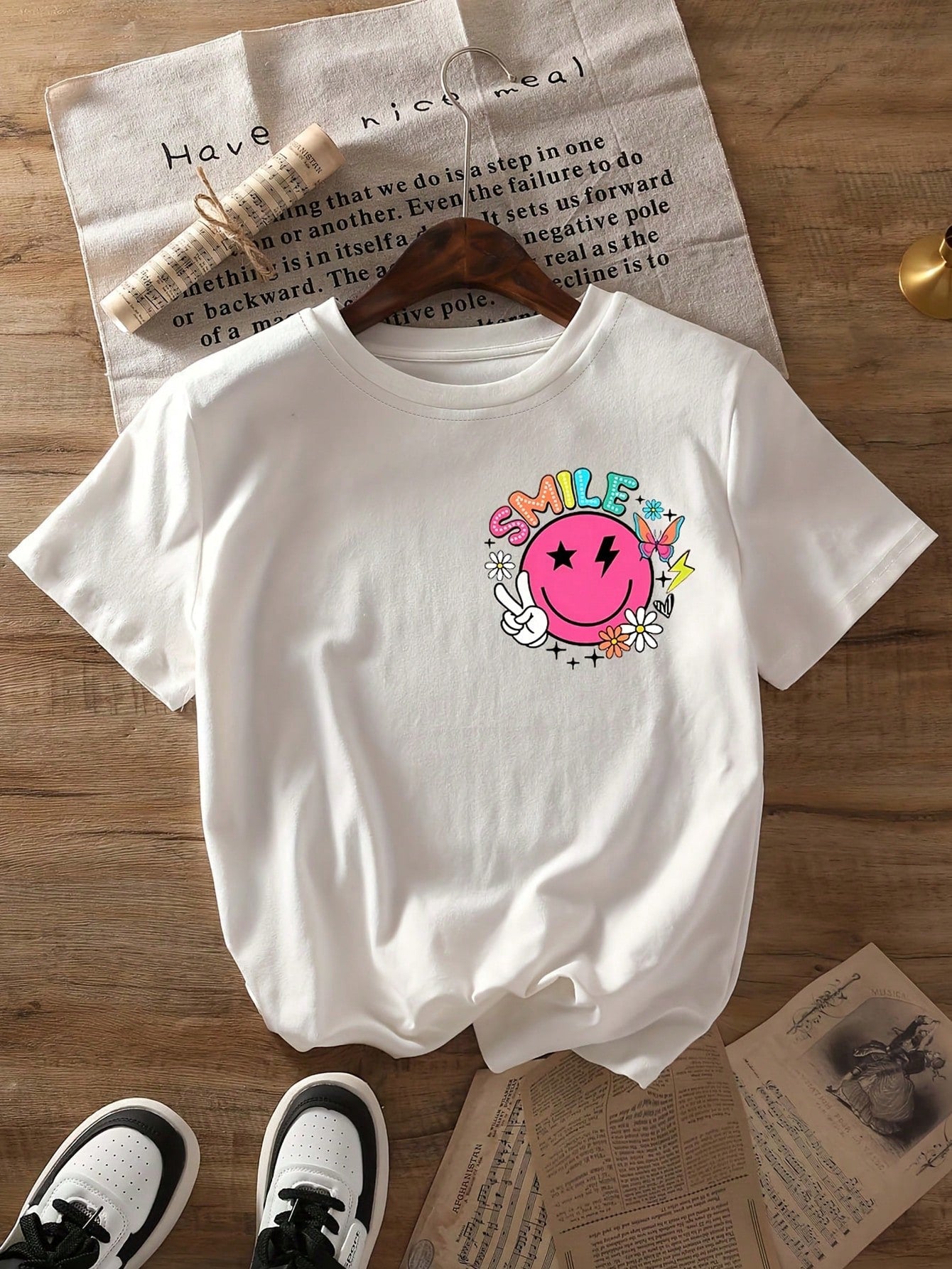 Plus Size Women Slogan & Smiling Face Print Short Sleeve Casual Round Neck T-Shirt, Summer
