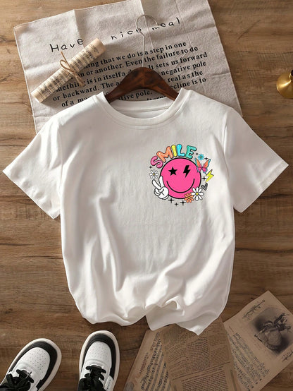 Plus Size Women Slogan & Smiling Face Print Short Sleeve Casual Round Neck T-Shirt, Summer