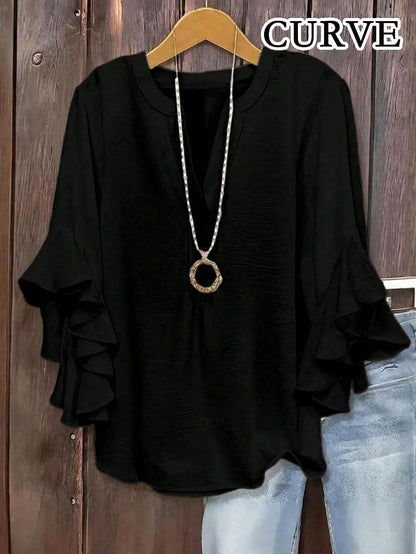Plus Size Women V-Neck Ruffle Sleeve Solid Color Blouse Spring Black