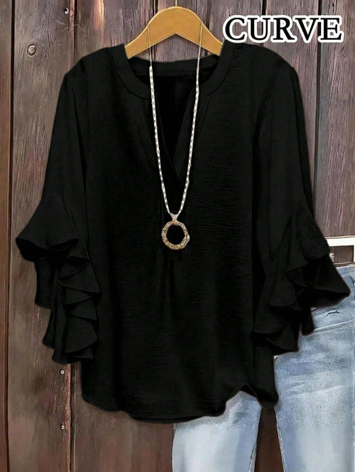 Plus Size Women V-Neck Ruffle Sleeve Solid Color Blouse Spring Black