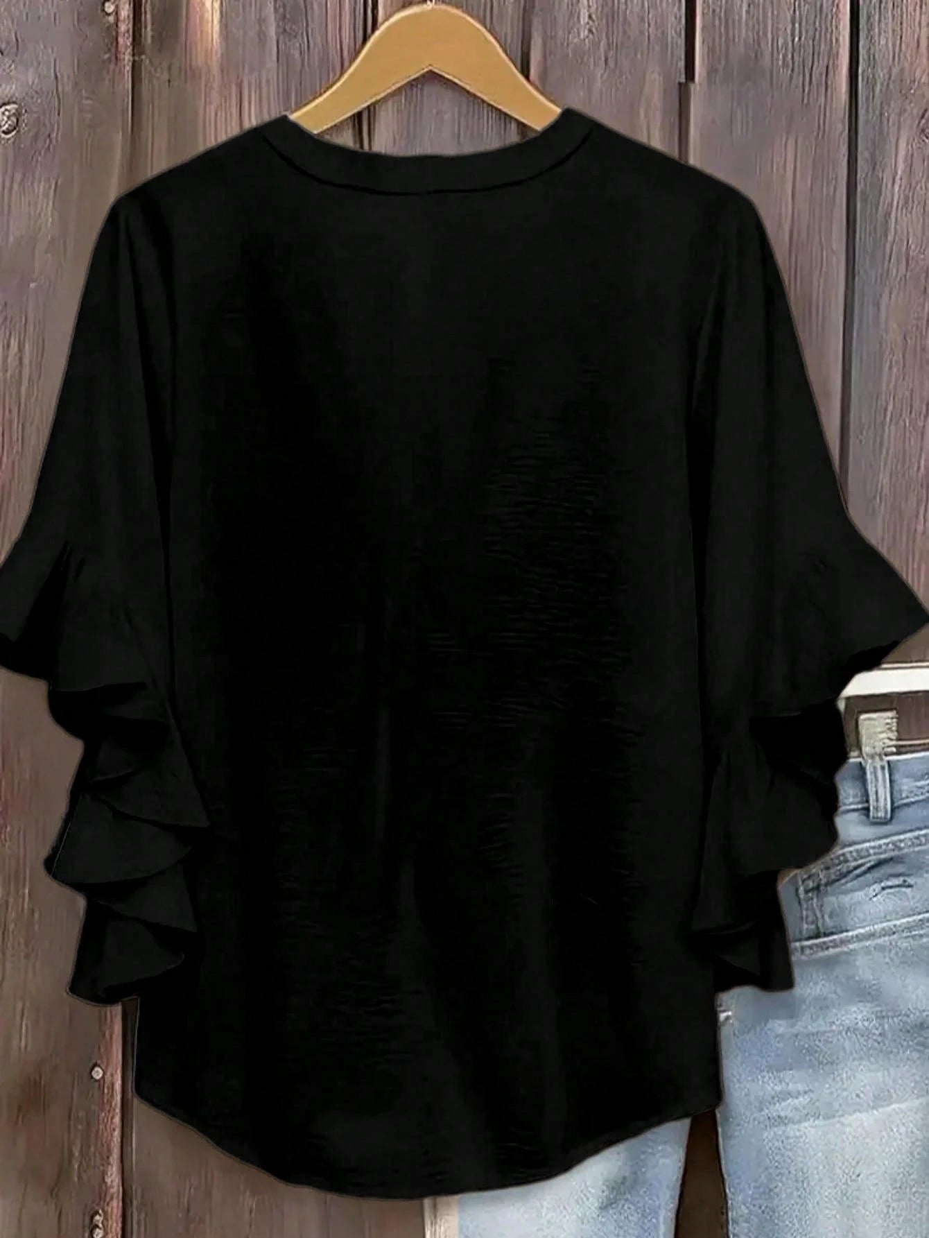 Plus Size Women V-Neck Ruffle Sleeve Solid Color Blouse Spring Black