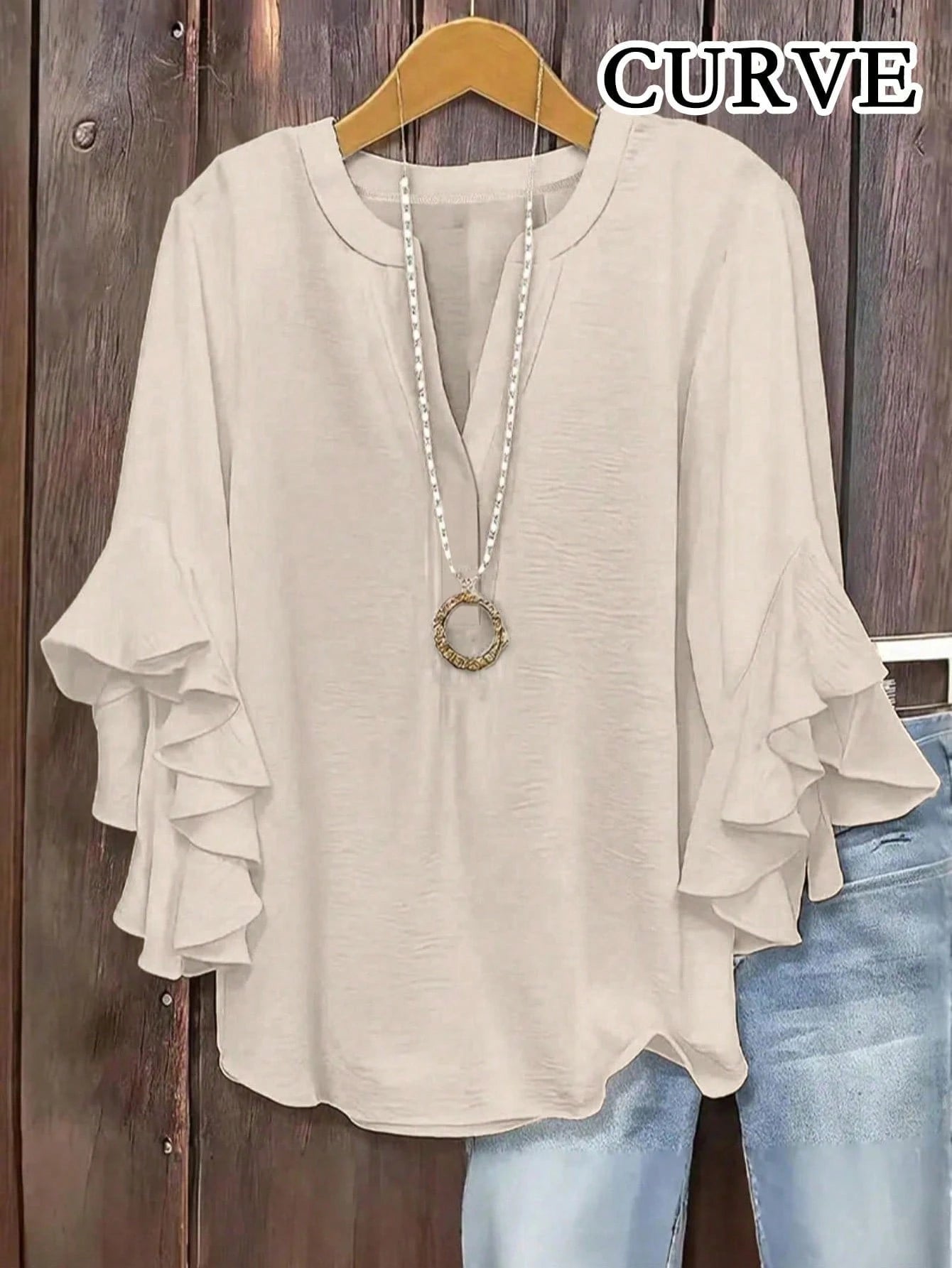 Plus Size Women V-Neck Ruffle Sleeve Solid Color Blouse Spring Black