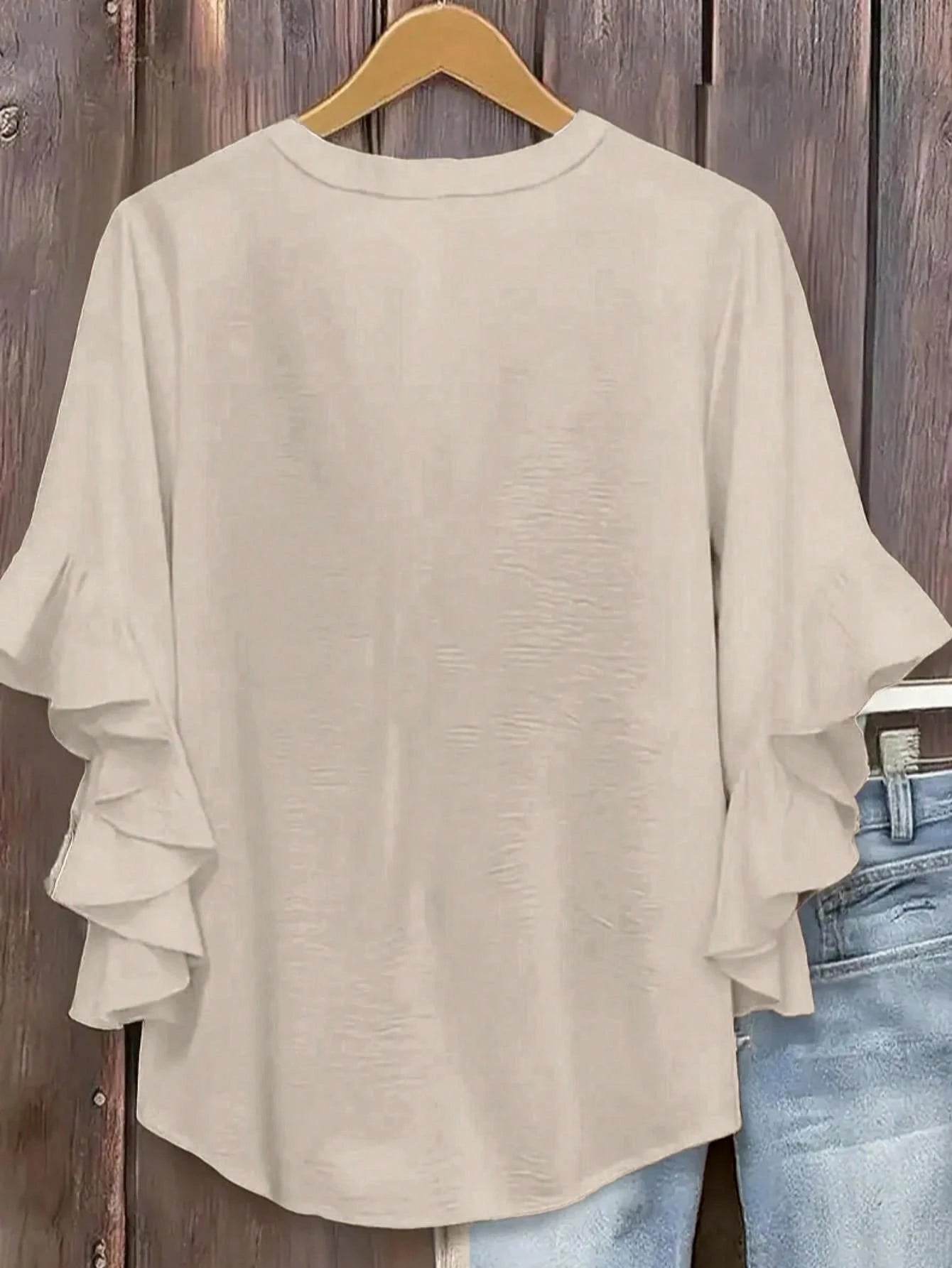 Plus Size Women V-Neck Ruffle Sleeve Solid Color Blouse Spring Black