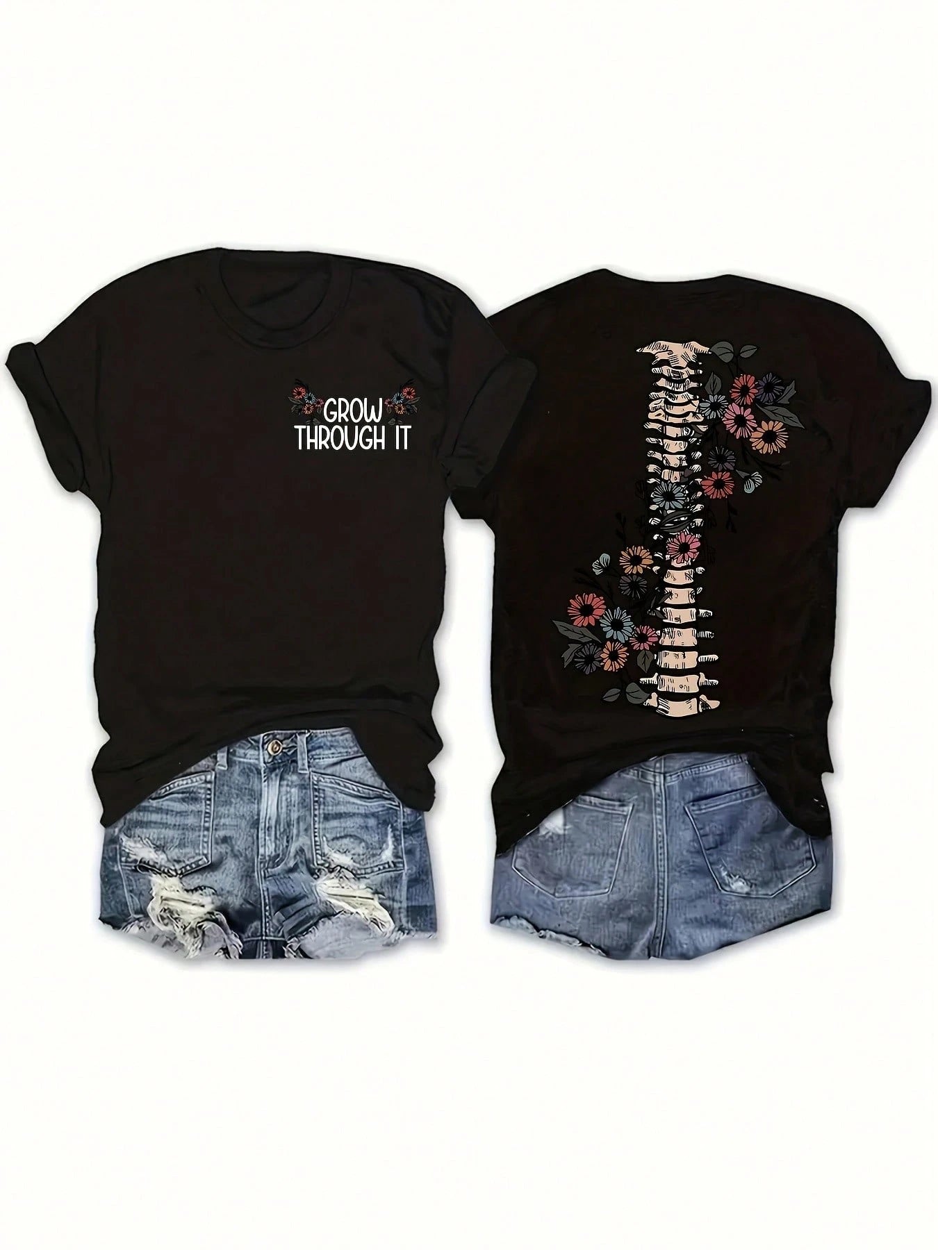 Plus Size, Plus Size Short Sleeve Double-Sided "Grow Through It" Floral Round Neck Fashion T-Shirt For Women