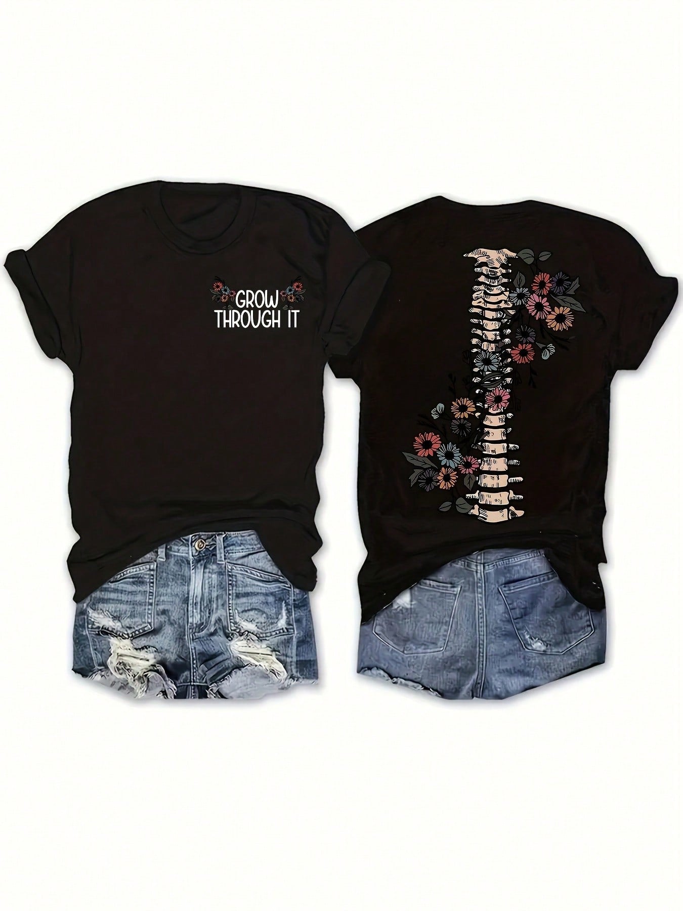 Plus Size, Plus Size Short Sleeve Double-Sided "Grow Through It" Floral Round Neck Fashion T-Shirt For Women