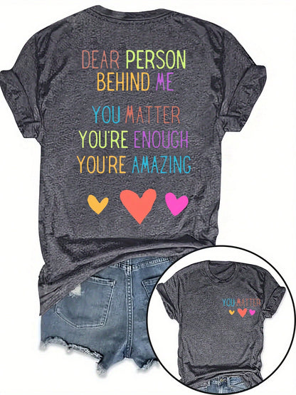 Plus Size, Plus Size Oversized Short Sleeve T-Shirt- Cute Love Heart & Letter O Print Round Neck Blouse- Casual Loose Fit T-Shirts For- Wear (Machine Washable)- Plus Size Comfortable Everyday Top