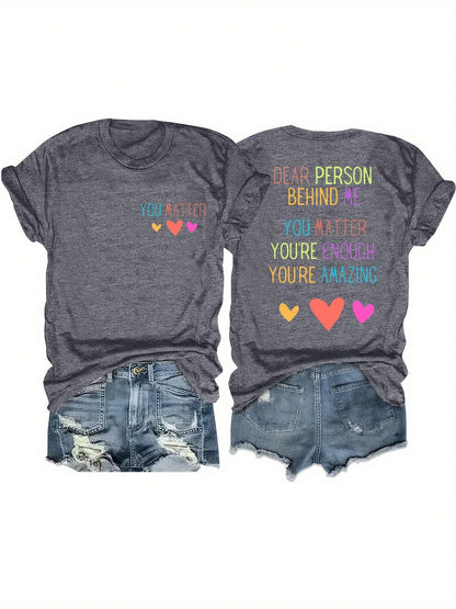 Plus Size, Plus Size Oversized Short Sleeve T-Shirt- Cute Love Heart & Letter O Print Round Neck Blouse- Casual Loose Fit T-Shirts For- Wear (Machine Washable)- Plus Size Comfortable Everyday Top