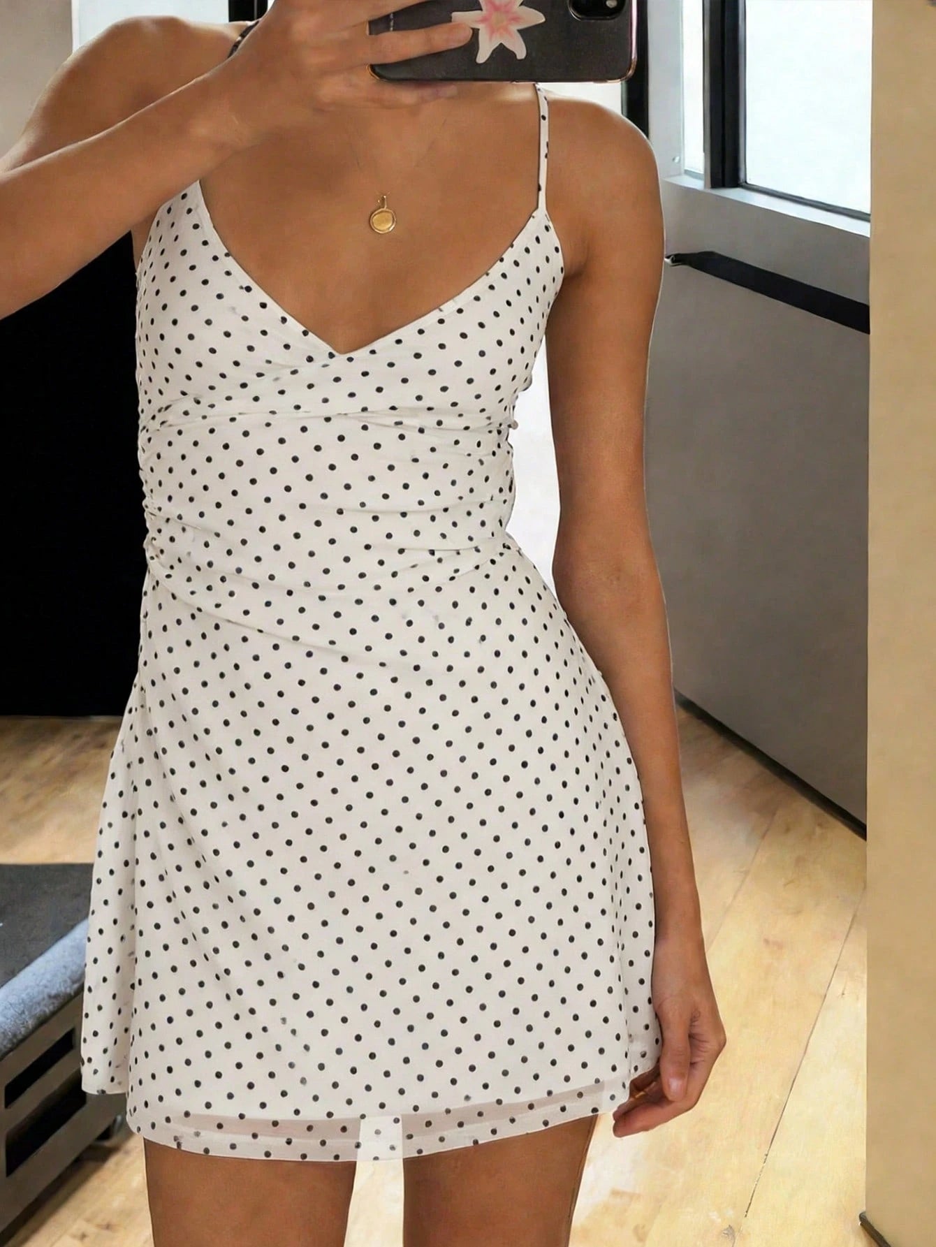 Polka Dot Mesh Lined Slip Mini Dress, V Neck Spaghetti Strap Ruched Tie Back For Beach Party Bodycon White,Back To School Super Short Dress Elegant