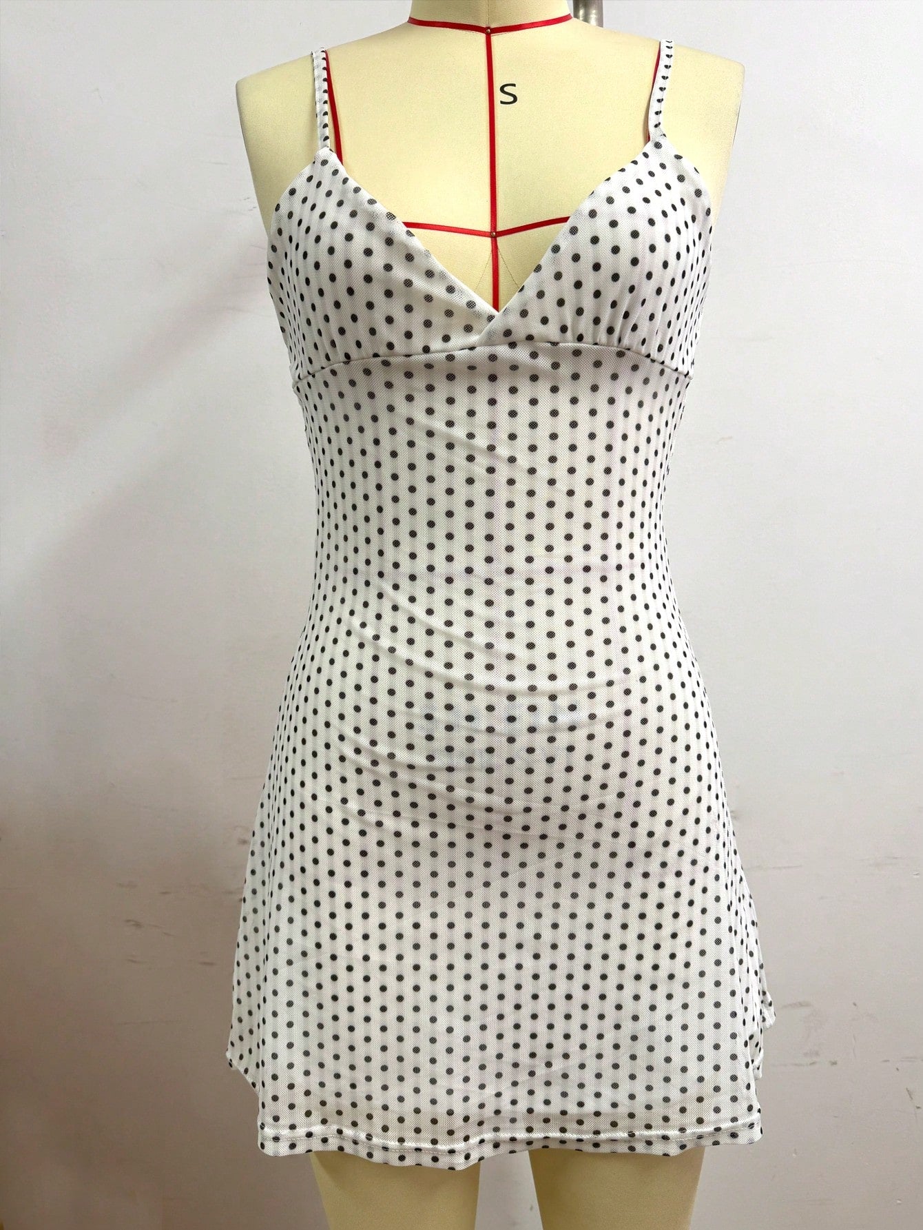 Polka Dot Mesh Lined Slip Mini Dress, V Neck Spaghetti Strap Ruched Tie Back For Beach Party Bodycon White,Back To School Super Short Dress Elegant