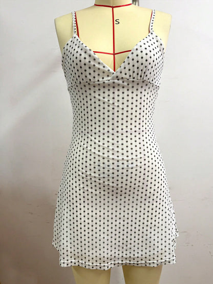 Polka Dot Mesh Lined Slip Mini Dress, V Neck Spaghetti Strap Ruched Tie Back For Beach Party Bodycon White,Back To School Super Short Dress Elegant