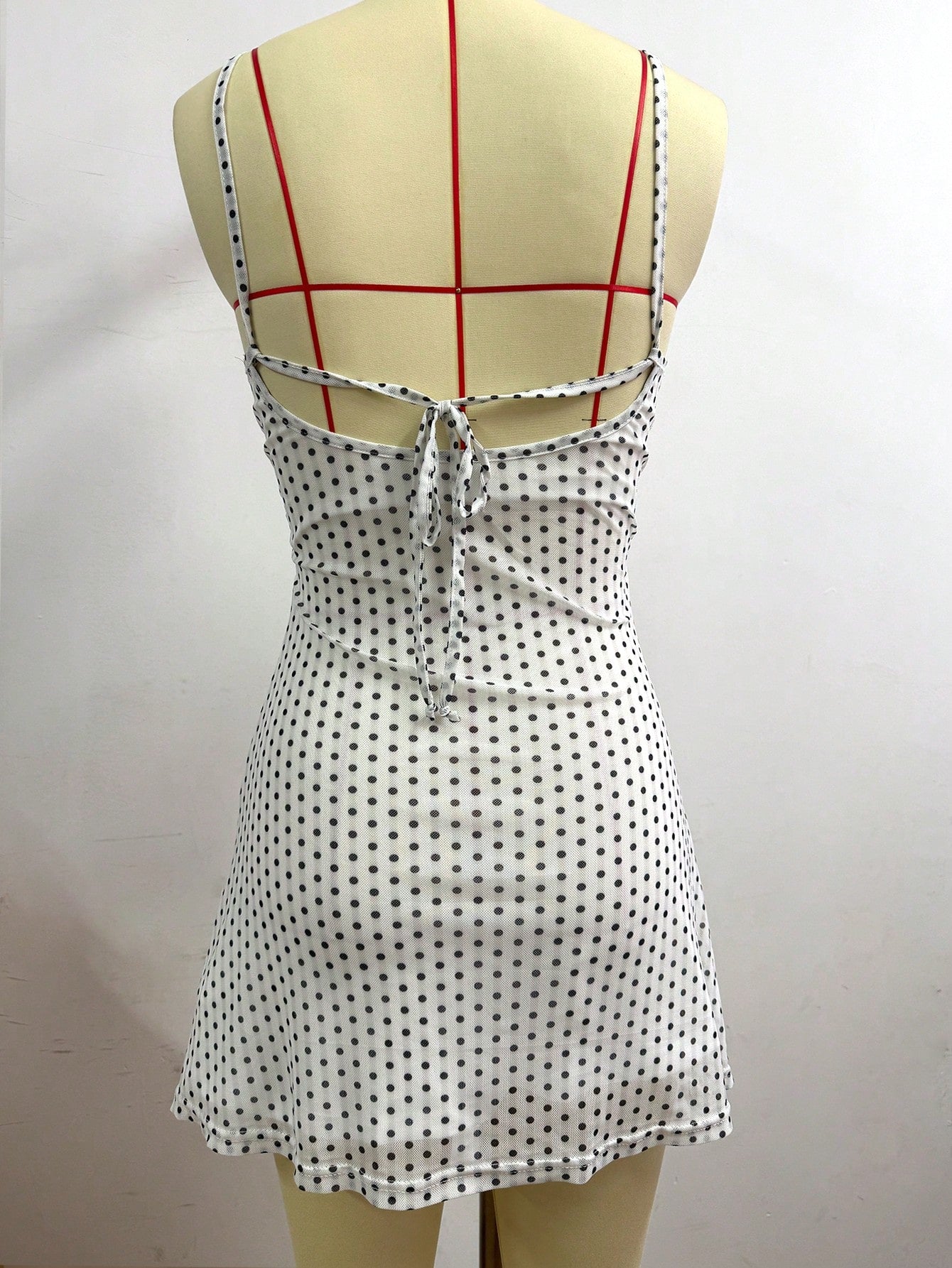 Polka Dot Mesh Lined Slip Mini Dress, V Neck Spaghetti Strap Ruched Tie Back For Beach Party Bodycon White,Back To School Super Short Dress Elegant