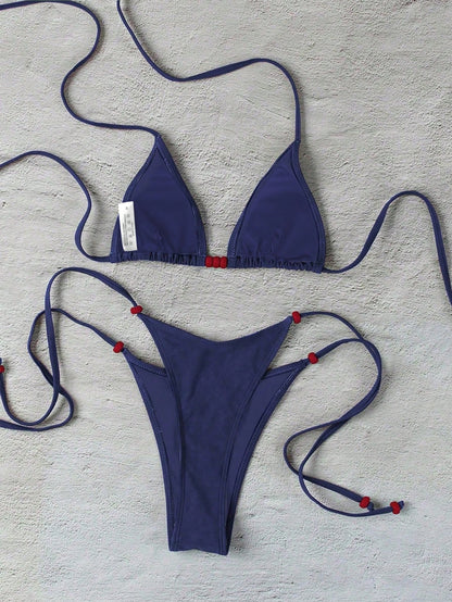 Polovedo Official New Brown Solid Color Tie-Up Bikini Set, Elegant Sexy Beach Holiday Party Swimwear For Women Vacation Summer
