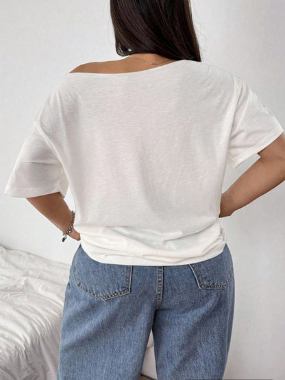 POPSWAY Plus Size Women's Asymmetric Neck Off-Shoulder Floral Digital Print T-Shirt,Elegant Loose Short Sleeve White Summer Smart Casual Holiday Top