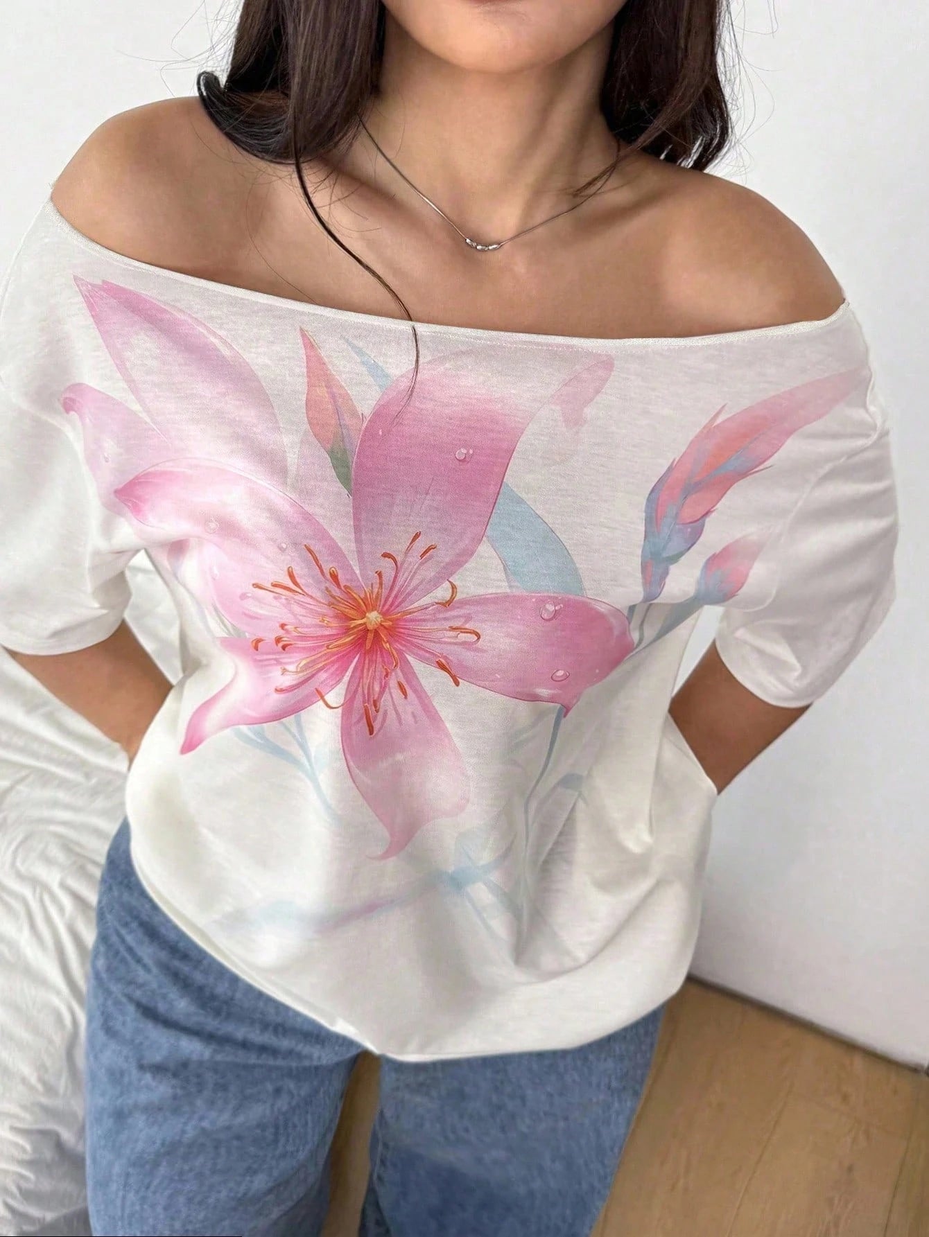 POPSWAY Plus Size Women's Asymmetric Neck Off-Shoulder Floral Digital Print T-Shirt,Elegant Loose Short Sleeve White Summer Smart Casual Holiday Top