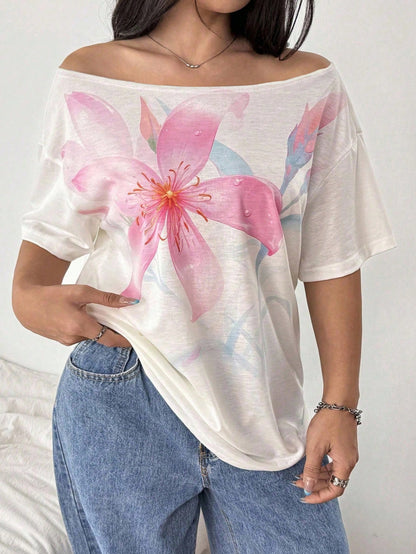 POPSWAY Plus Size Women's Asymmetric Neck Off-Shoulder Floral Digital Print T-Shirt,Elegant Loose Short Sleeve White Summer Smart Casual Holiday Top