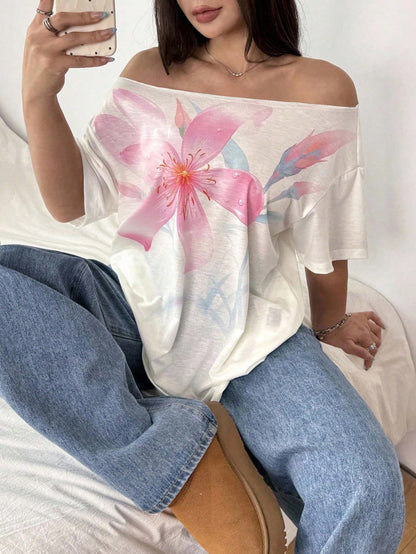 POPSWAY Plus Size Women's Asymmetric Neck Off-Shoulder Floral Digital Print T-Shirt,Elegant Loose Short Sleeve White Summer Smart Casual Holiday Top