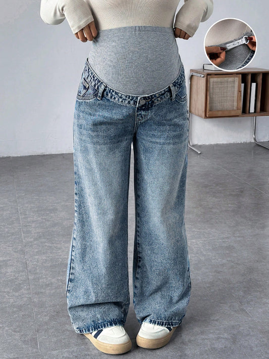 Pregnant Women Knit Panel Vintage Blue Denim Loose Maternity Pants Maternity Jeans