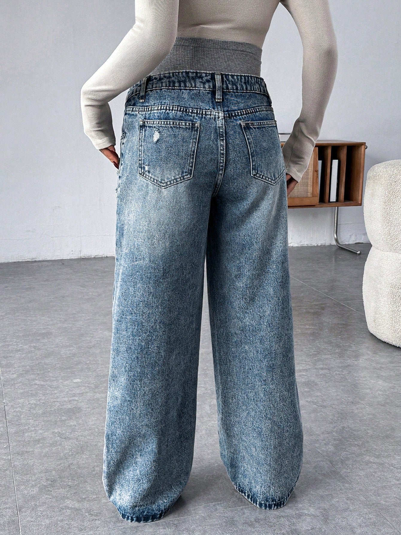Pregnant Women Knit Panel Vintage Blue Denim Loose Maternity Pants Maternity Jeans