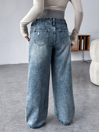 Pregnant Women Knit Panel Vintage Blue Denim Loose Maternity Pants Maternity Jeans