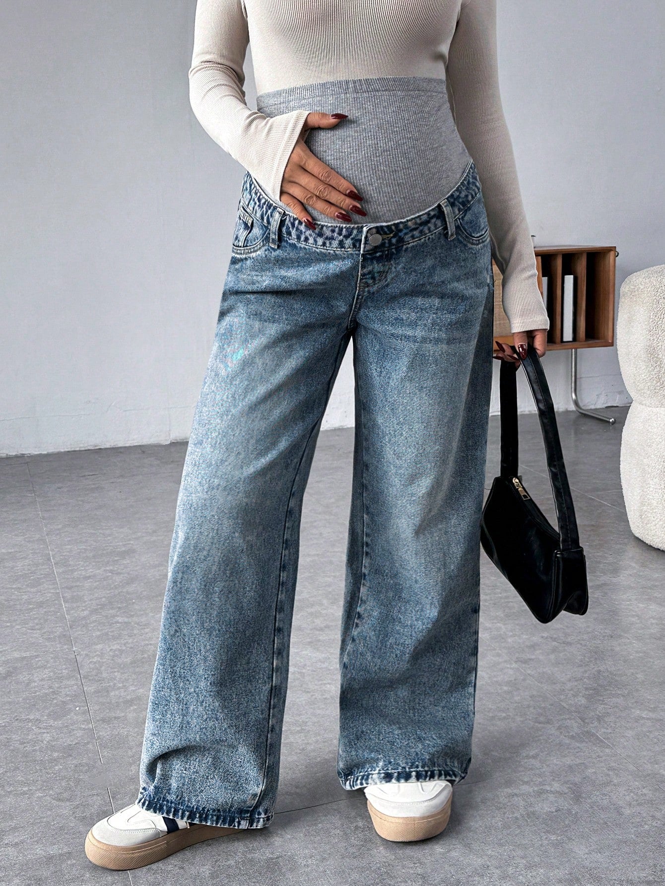 Pregnant Women Knit Panel Vintage Blue Denim Loose Maternity Pants Maternity Jeans