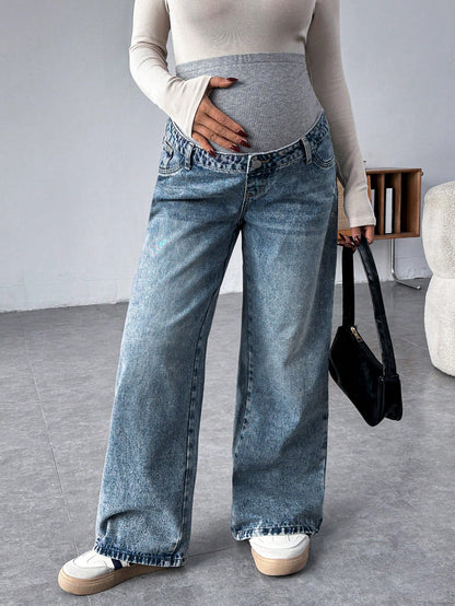 Pregnant Women Knit Panel Vintage Blue Denim Loose Maternity Pants Maternity Jeans