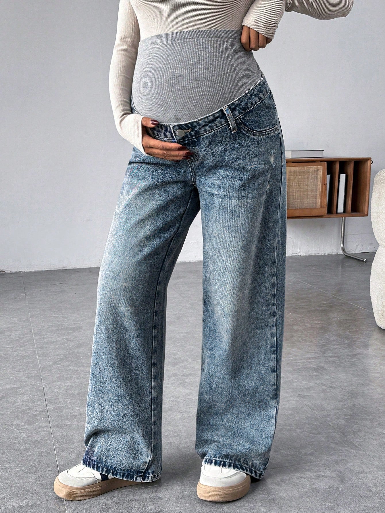 Pregnant Women Knit Panel Vintage Blue Denim Loose Maternity Pants Maternity Jeans