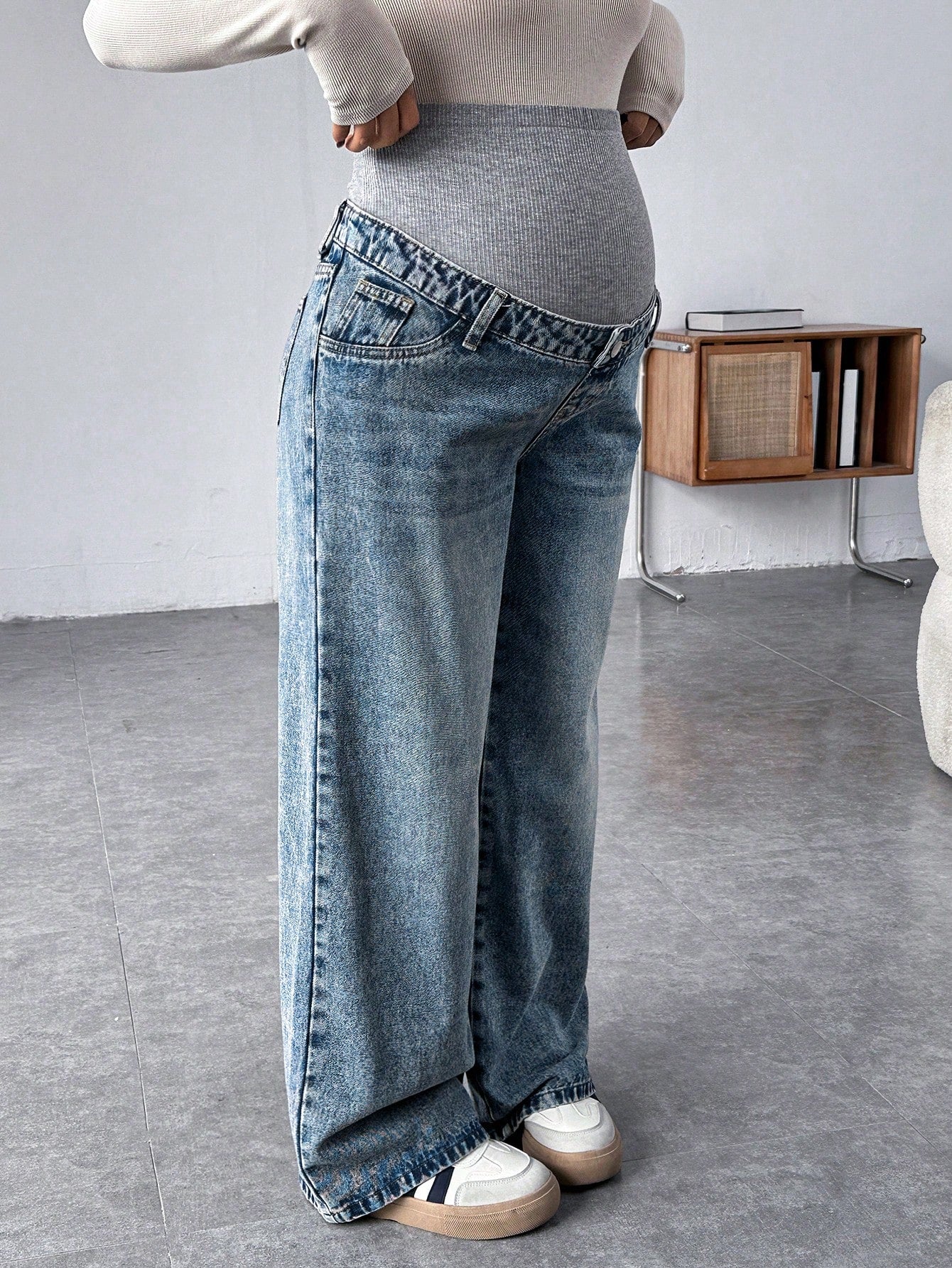 Pregnant Women Knit Panel Vintage Blue Denim Loose Maternity Pants Maternity Jeans