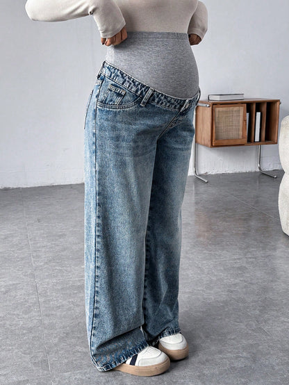 Pregnant Women Knit Panel Vintage Blue Denim Loose Maternity Pants Maternity Jeans