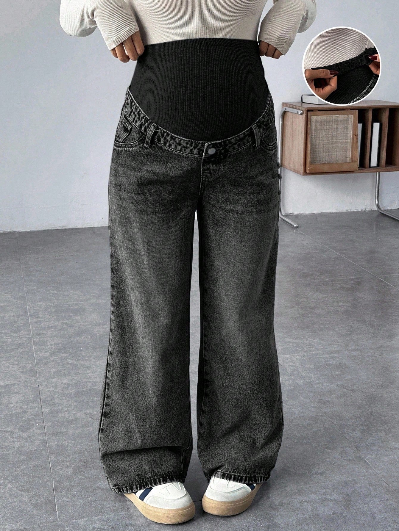 Pregnant Women Knit Panel Vintage Blue Denim Loose Maternity Pants Maternity Jeans