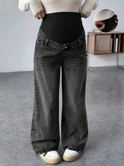 Pregnant Women Knit Panel Vintage Blue Denim Loose Maternity Pants Maternity Jeans