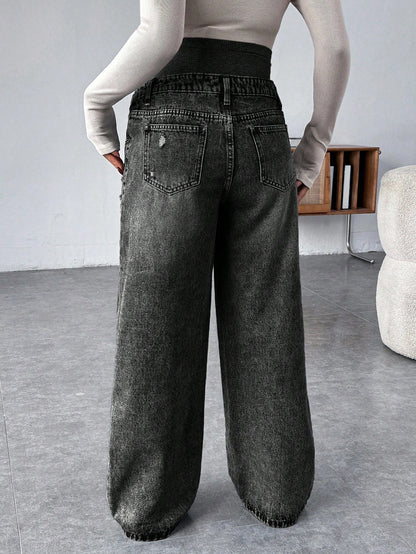 Pregnant Women Knit Panel Vintage Blue Denim Loose Maternity Pants Maternity Jeans