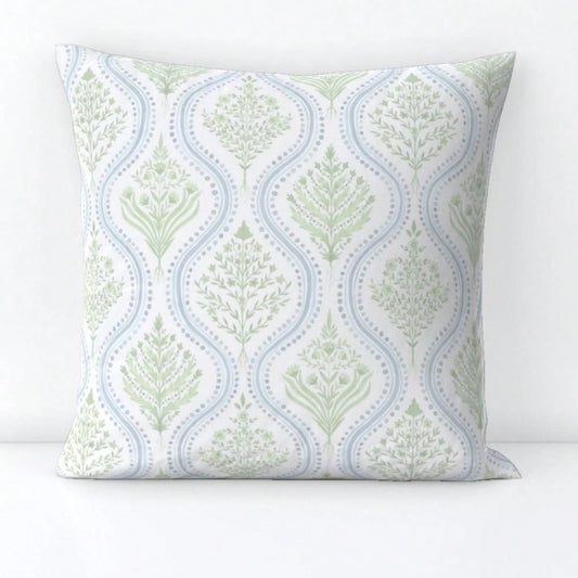 Preppy PaiS-Ley Throw Pillow-- Green Blue Cottage Vine Large Decorati-Ve Square Throw Pillow-- CorN-FLower Green Blue By Danika-Herrick