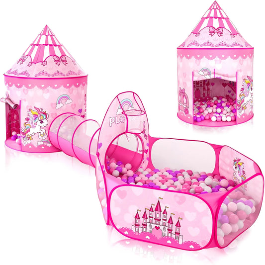 Princess Tent With Tunnel For Girls- 3pc Pop Up Kids Play Tent With Ball Pits For Toddlers- Pink Playhouse Toys Indoor & Outdoor For Birthday Gifts (Balls Not Included)