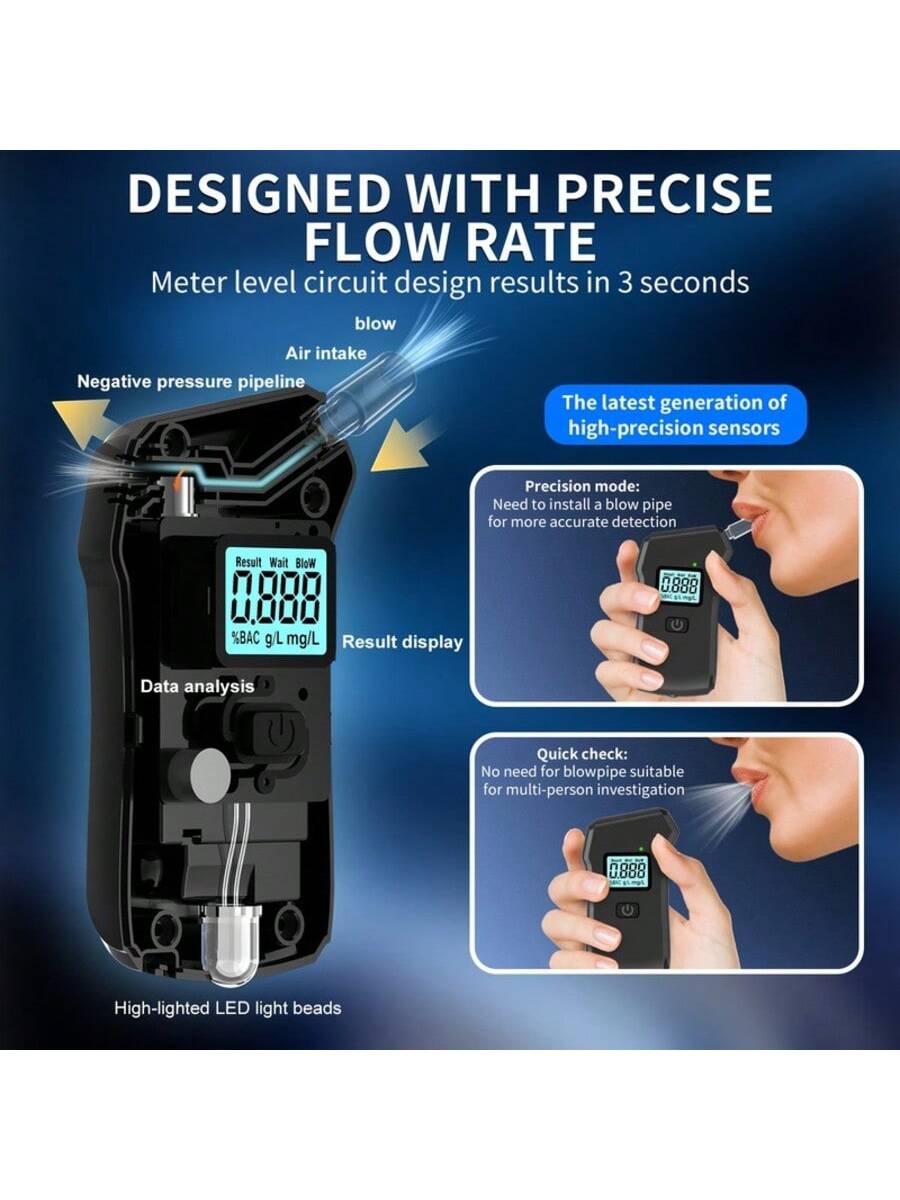 Professional High-Precision Portable Breathalyzer With LCD Digital Display- Non-Rechargeable AAA Batteries, Black ABS Design, Suitable For Home Use, Home Alcohol Detector| Digital Display Device| D