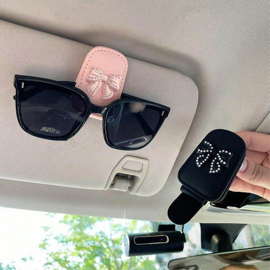 PU Leather Car Clip With Rhinestone Bow, Suitable For Storing Glasses, Cards, And Other Items On Car