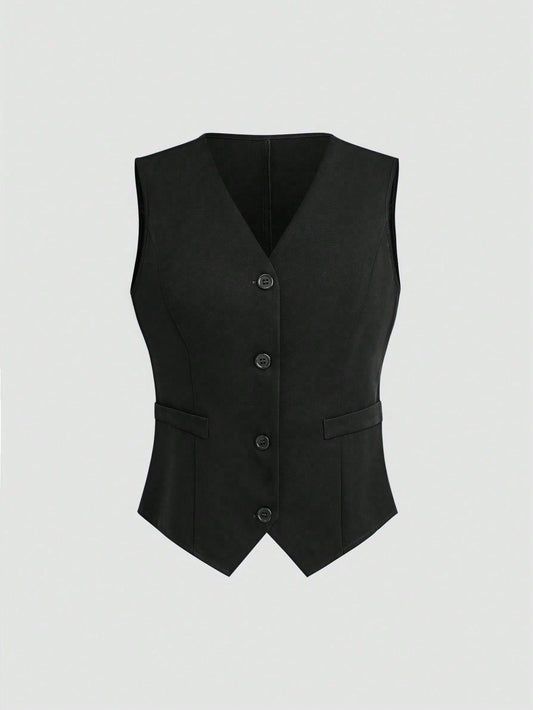 Qadelle Plain Front Button Sleeveless Faux Pocket Simple Casual Vest