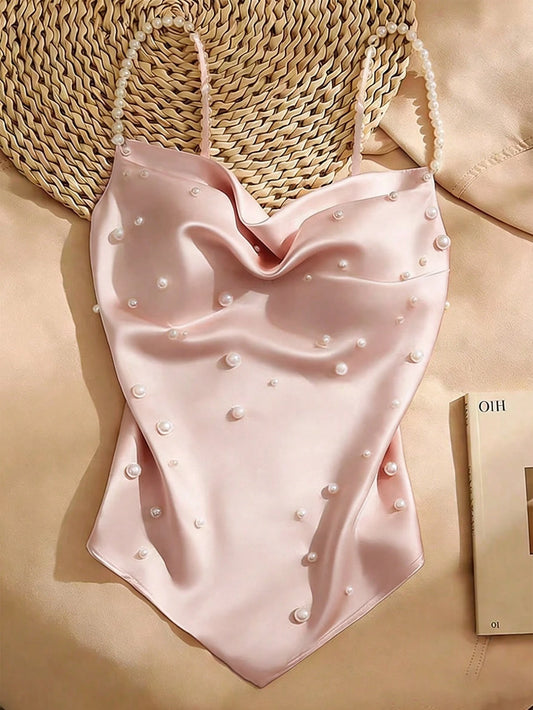 Qadelle Women Faux Pearl Decor Casual Versatile Daily Wear Camisole Top