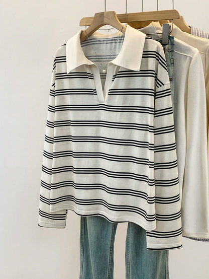 Qadelle Women's Casual Loose Batwing Striped T-Shirt, Autumn