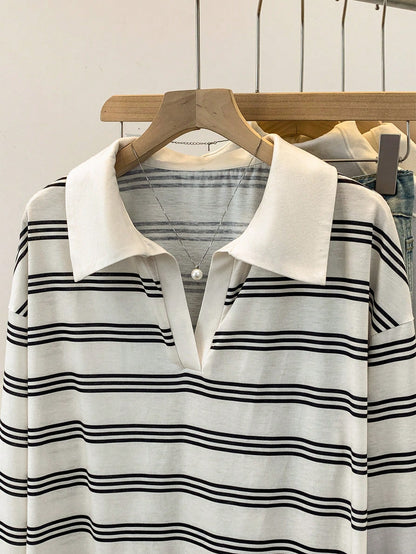 Qadelle Women's Casual Loose Batwing Striped T-Shirt, Autumn