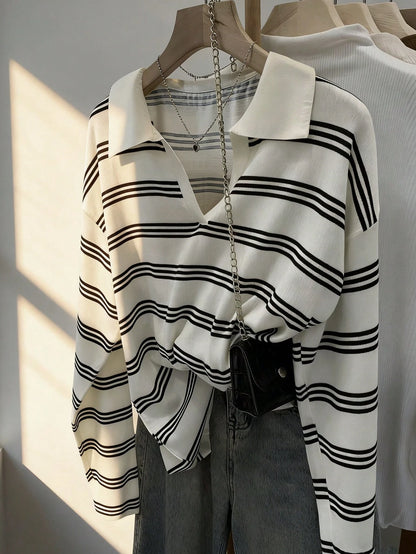Qadelle Women's Casual Loose Batwing Striped T-Shirt, Autumn