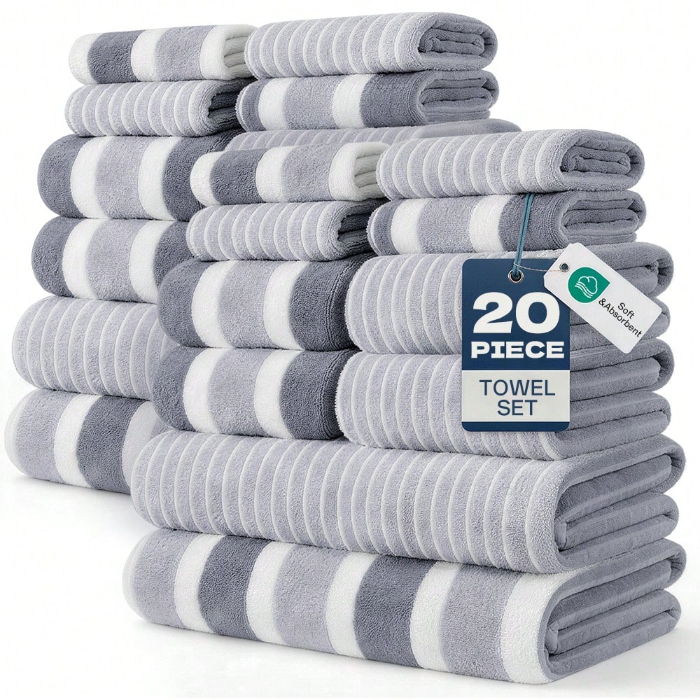 QUIRVIX 20pcs Soft & Absorbent Towel Set| Quick-Dry Towels For Bathroom, Sports & Beach| 280gsm,Includes 4 Bath Towels, 8 Hand Towels, 8 Washcloths| Lightweight & Skin-Friendly Essentials