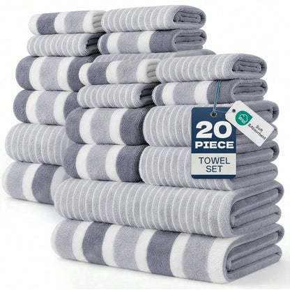 QUIRVIX 20pcs Soft & Absorbent Towel Set| Quick-Dry Towels For Bathroom, Sports & Beach| 280gsm,Includes 4 Bath Towels, 8 Hand Towels, 8 Washcloths| Lightweight & Skin-Friendly Essentials