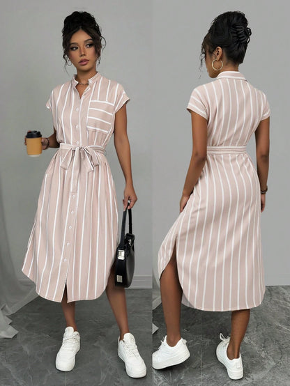 Rafferiza French-Style Striped Color-Block Shirt Dress With Cinched Waist And Button Front, All-Match Maxi Women Outfit